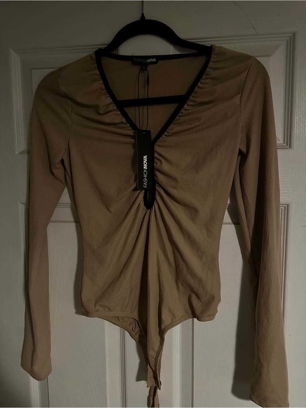 Fashion Nova Tan Ribbed Long-Sleeve V-Neck Bodysuit with Ruched Front